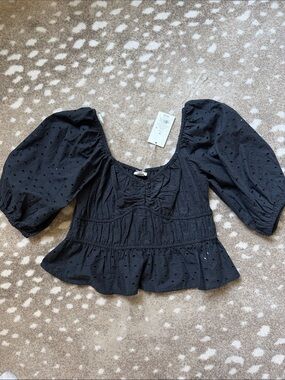 A new day Black Eyelet Puff-Sleeve Peplum Top